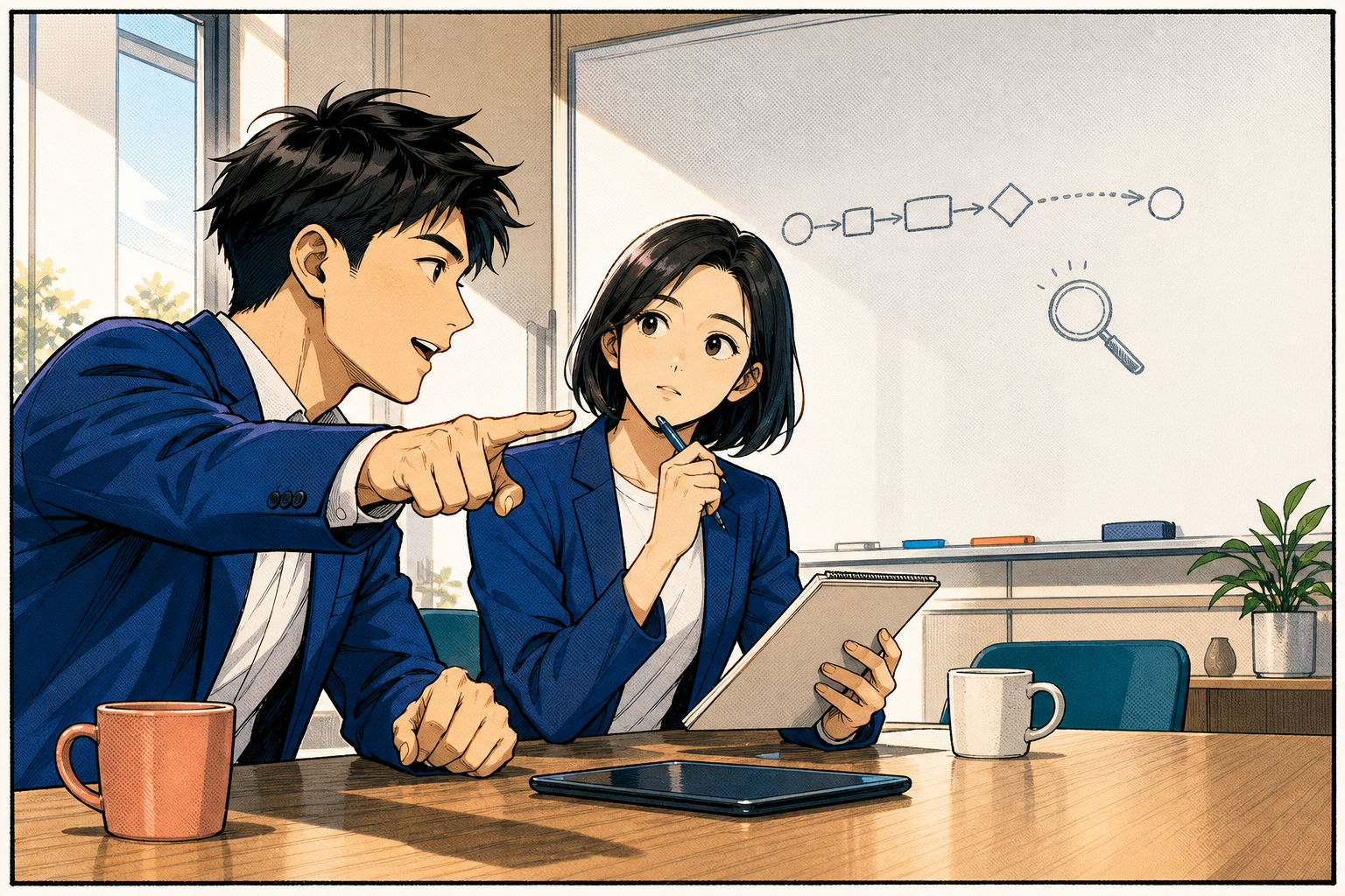 クライアントの要望の奥にある課題を聞き出す、漫画の1シーン風イラスト